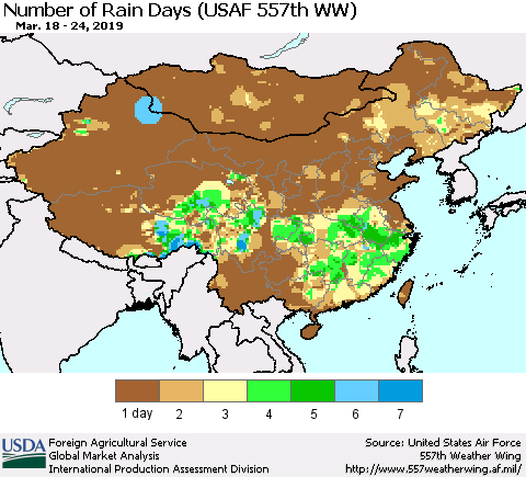 China and Taiwan Number of Rain Days (USAF 557th WW) Thematic Map For 3/18/2019 - 3/24/2019