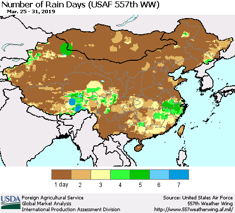 China and Taiwan Number of Rain Days (USAF 557th WW) Thematic Map For 3/25/2019 - 3/31/2019