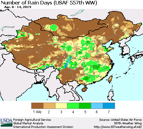 China and Taiwan Number of Rain Days (USAF 557th WW) Thematic Map For 4/8/2019 - 4/14/2019