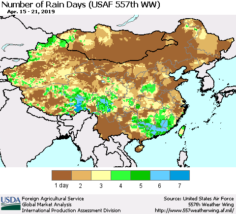 China and Taiwan Number of Rain Days (USAF 557th WW) Thematic Map For 4/15/2019 - 4/21/2019