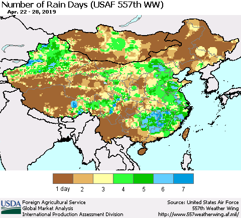 China and Taiwan Number of Rain Days (USAF 557th WW) Thematic Map For 4/22/2019 - 4/28/2019
