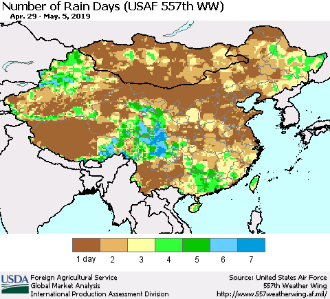 China and Taiwan Number of Rain Days (USAF 557th WW) Thematic Map For 4/29/2019 - 5/5/2019