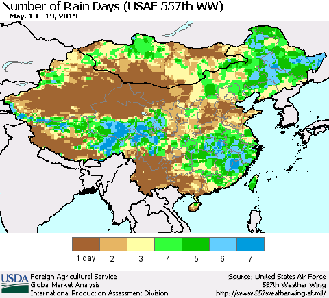 China and Taiwan Number of Rain Days (USAF 557th WW) Thematic Map For 5/13/2019 - 5/19/2019
