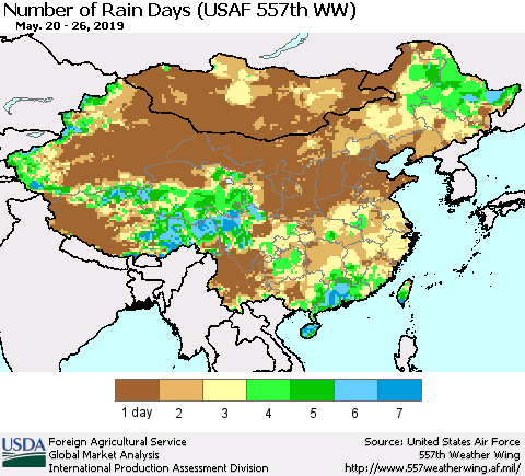 China and Taiwan Number of Rain Days (USAF 557th WW) Thematic Map For 5/20/2019 - 5/26/2019