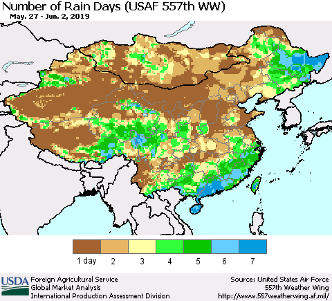 China and Taiwan Number of Rain Days (USAF 557th WW) Thematic Map For 5/27/2019 - 6/2/2019