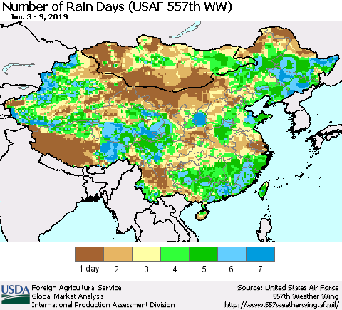 China and Taiwan Number of Rain Days (USAF 557th WW) Thematic Map For 6/3/2019 - 6/9/2019