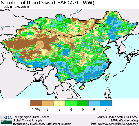 China and Taiwan Number of Rain Days (USAF 557th WW) Thematic Map For 7/8/2019 - 7/14/2019