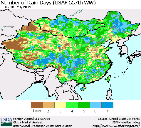 China and Taiwan Number of Rain Days (USAF 557th WW) Thematic Map For 7/15/2019 - 7/21/2019