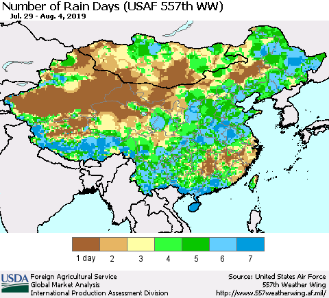 China and Taiwan Number of Rain Days (USAF 557th WW) Thematic Map For 7/29/2019 - 8/4/2019