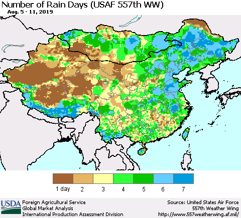 China and Taiwan Number of Rain Days (USAF 557th WW) Thematic Map For 8/5/2019 - 8/11/2019