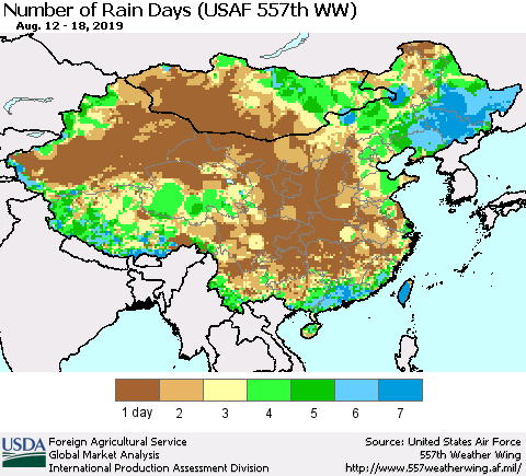 China and Taiwan Number of Rain Days (USAF 557th WW) Thematic Map For 8/12/2019 - 8/18/2019