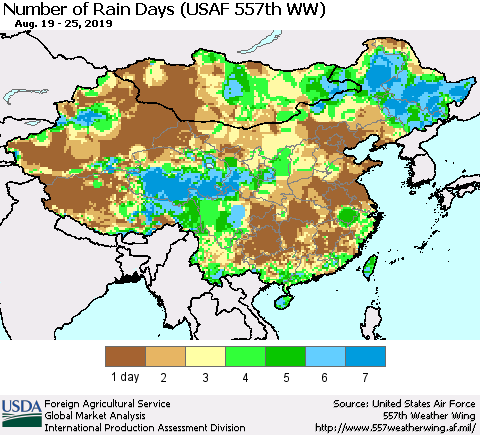 China and Taiwan Number of Rain Days (USAF 557th WW) Thematic Map For 8/19/2019 - 8/25/2019