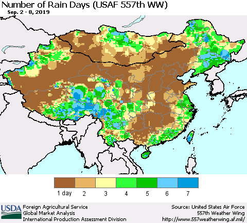 China and Taiwan Number of Rain Days (USAF 557th WW) Thematic Map For 9/2/2019 - 9/8/2019