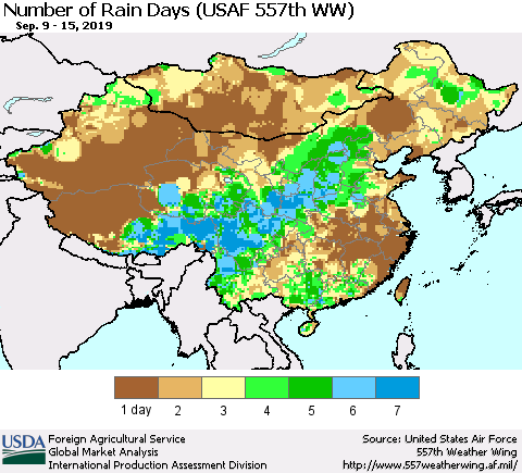 China and Taiwan Number of Rain Days (USAF 557th WW) Thematic Map For 9/9/2019 - 9/15/2019