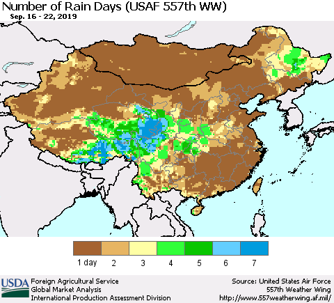 China and Taiwan Number of Rain Days (USAF 557th WW) Thematic Map For 9/16/2019 - 9/22/2019