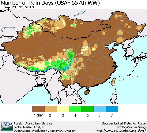 China and Taiwan Number of Rain Days (USAF 557th WW) Thematic Map For 9/23/2019 - 9/29/2019