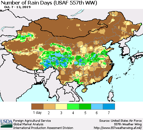 China and Taiwan Number of Rain Days (USAF 557th WW) Thematic Map For 10/7/2019 - 10/13/2019