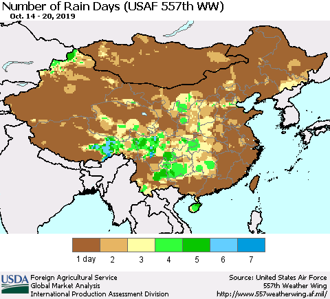 China and Taiwan Number of Rain Days (USAF 557th WW) Thematic Map For 10/14/2019 - 10/20/2019