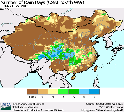 China and Taiwan Number of Rain Days (USAF 557th WW) Thematic Map For 10/21/2019 - 10/27/2019