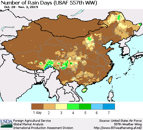 China and Taiwan Number of Rain Days (USAF 557th WW) Thematic Map For 10/28/2019 - 11/3/2019