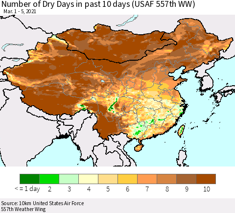 China, Mongolia and Taiwan Number of Dry Days in past 10 days (USAF 557th WW) Thematic Map For 3/1/2021 - 3/5/2021