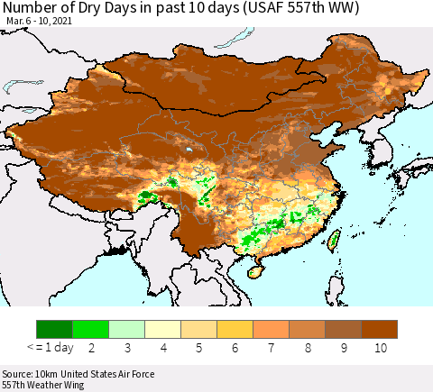 China, Mongolia and Taiwan Number of Dry Days in past 10 days (USAF 557th WW) Thematic Map For 3/6/2021 - 3/10/2021