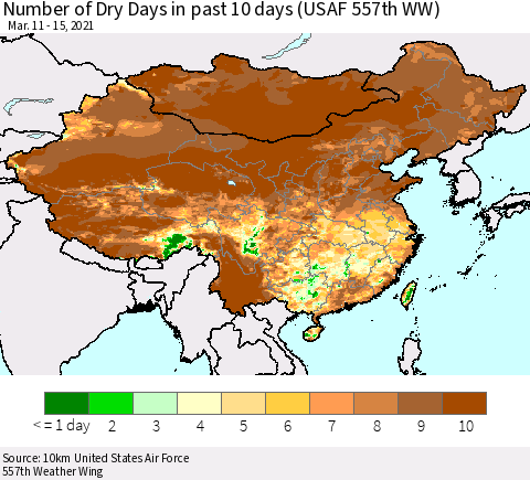 China, Mongolia and Taiwan Number of Dry Days in past 10 days (USAF 557th WW) Thematic Map For 3/11/2021 - 3/15/2021