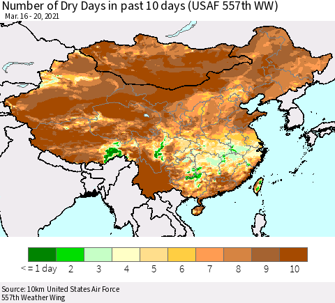 China, Mongolia and Taiwan Number of Dry Days in past 10 days (USAF 557th WW) Thematic Map For 3/16/2021 - 3/20/2021