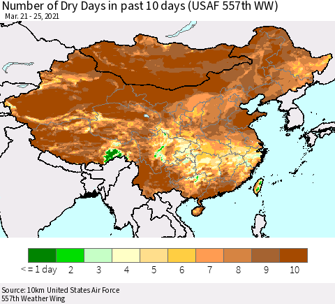 China, Mongolia and Taiwan Number of Dry Days in past 10 days (USAF 557th WW) Thematic Map For 3/21/2021 - 3/25/2021