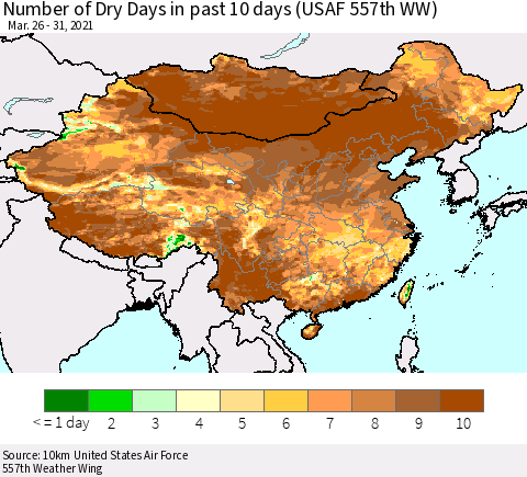 China, Mongolia and Taiwan Number of Dry Days in past 10 days (USAF 557th WW) Thematic Map For 3/26/2021 - 3/31/2021