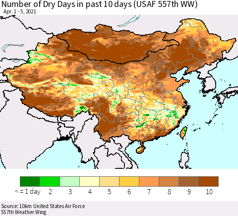 China, Mongolia and Taiwan Number of Dry Days in past 10 days (USAF 557th WW) Thematic Map For 4/1/2021 - 4/5/2021