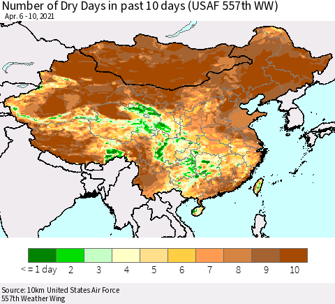 China, Mongolia and Taiwan Number of Dry Days in past 10 days (USAF 557th WW) Thematic Map For 4/6/2021 - 4/10/2021