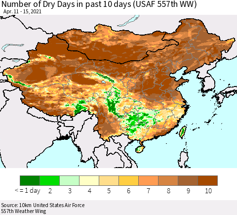 China, Mongolia and Taiwan Number of Dry Days in past 10 days (USAF 557th WW) Thematic Map For 4/11/2021 - 4/15/2021