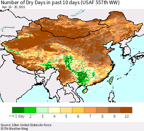 China, Mongolia and Taiwan Number of Dry Days in past 10 days (USAF 557th WW) Thematic Map For 4/16/2021 - 4/20/2021