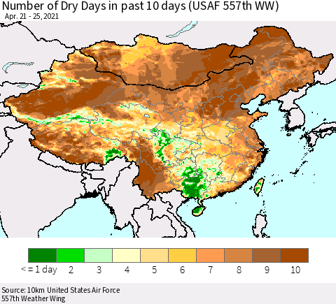 China, Mongolia and Taiwan Number of Dry Days in past 10 days (USAF 557th WW) Thematic Map For 4/21/2021 - 4/25/2021