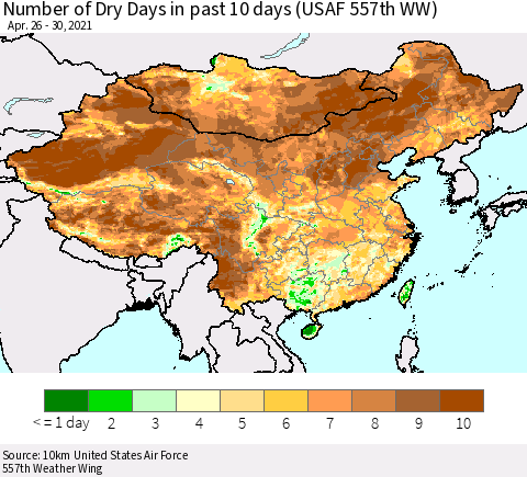 China, Mongolia and Taiwan Number of Dry Days in past 10 days (USAF 557th WW) Thematic Map For 4/26/2021 - 4/30/2021