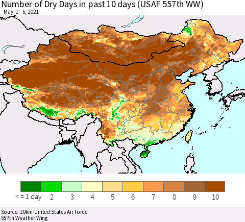 China, Mongolia and Taiwan Number of Dry Days in past 10 days (USAF 557th WW) Thematic Map For 5/1/2021 - 5/5/2021