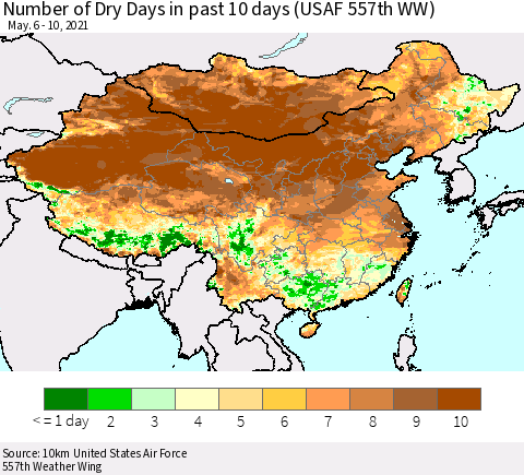 China, Mongolia and Taiwan Number of Dry Days in past 10 days (USAF 557th WW) Thematic Map For 5/6/2021 - 5/10/2021