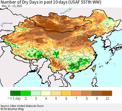 China, Mongolia and Taiwan Number of Dry Days in past 10 days (USAF 557th WW) Thematic Map For 5/11/2021 - 5/15/2021