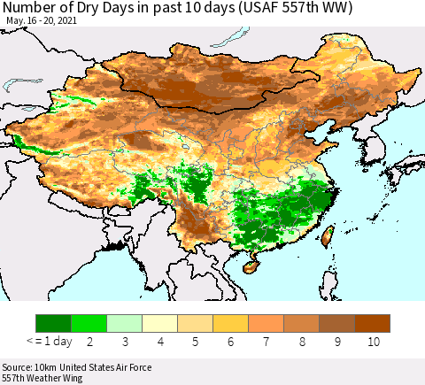 China, Mongolia and Taiwan Number of Dry Days in past 10 days (USAF 557th WW) Thematic Map For 5/16/2021 - 5/20/2021