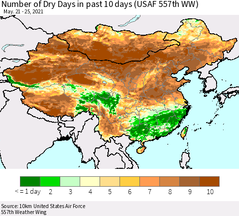 China, Mongolia and Taiwan Number of Dry Days in past 10 days (USAF 557th WW) Thematic Map For 5/21/2021 - 5/25/2021
