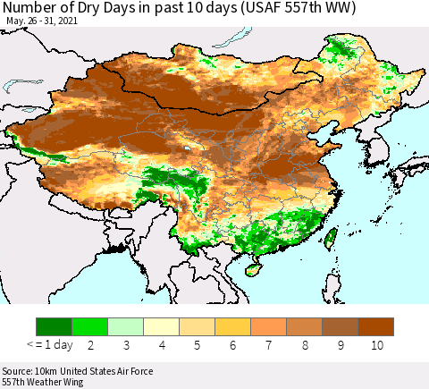 China, Mongolia and Taiwan Number of Dry Days in past 10 days (USAF 557th WW) Thematic Map For 5/26/2021 - 5/31/2021