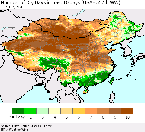 China, Mongolia and Taiwan Number of Dry Days in past 10 days (USAF 557th WW) Thematic Map For 6/1/2021 - 6/5/2021