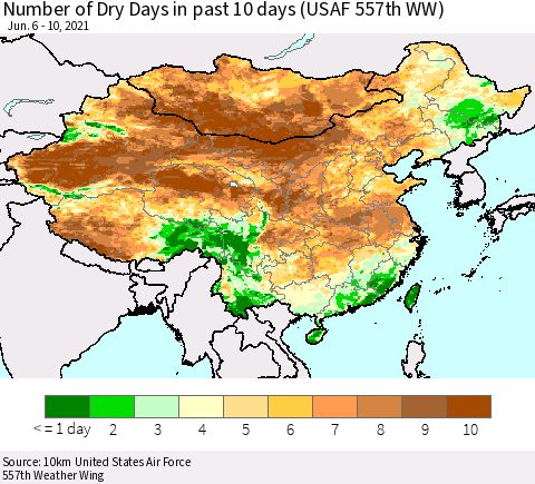 China, Mongolia and Taiwan Number of Dry Days in past 10 days (USAF 557th WW) Thematic Map For 6/6/2021 - 6/10/2021