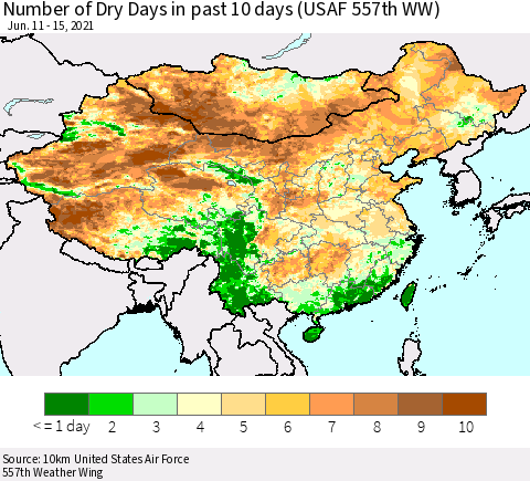 China, Mongolia and Taiwan Number of Dry Days in past 10 days (USAF 557th WW) Thematic Map For 6/11/2021 - 6/15/2021