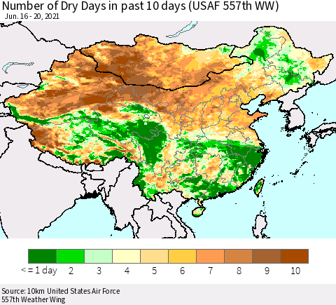 China, Mongolia and Taiwan Number of Dry Days in past 10 days (USAF 557th WW) Thematic Map For 6/16/2021 - 6/20/2021