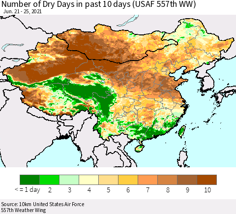 China, Mongolia and Taiwan Number of Dry Days in past 10 days (USAF 557th WW) Thematic Map For 6/21/2021 - 6/25/2021