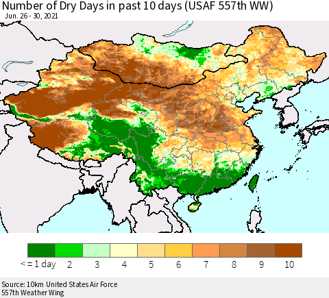 China, Mongolia and Taiwan Number of Dry Days in past 10 days (USAF 557th WW) Thematic Map For 6/26/2021 - 6/30/2021