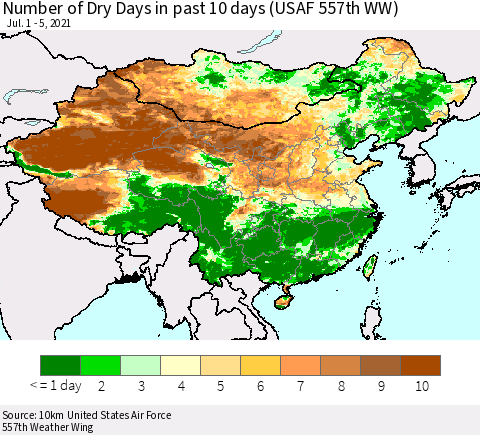China, Mongolia and Taiwan Number of Dry Days in past 10 days (USAF 557th WW) Thematic Map For 7/1/2021 - 7/5/2021
