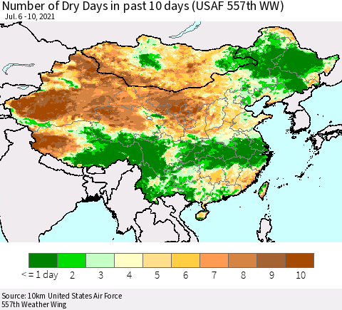 China, Mongolia and Taiwan Number of Dry Days in past 10 days (USAF 557th WW) Thematic Map For 7/6/2021 - 7/10/2021